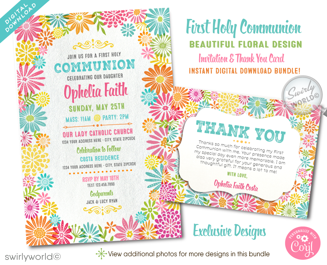 Beautiful Spring Floral Watercolor First 1st Holy Communion Invitation Digital Download