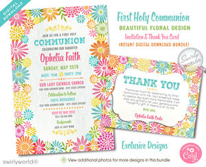 Beautiful Spring Floral Watercolor First 1st Holy Communion Invitation Digital Download