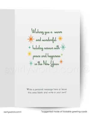 Holiday greeting card with decorative text and stars on a white background