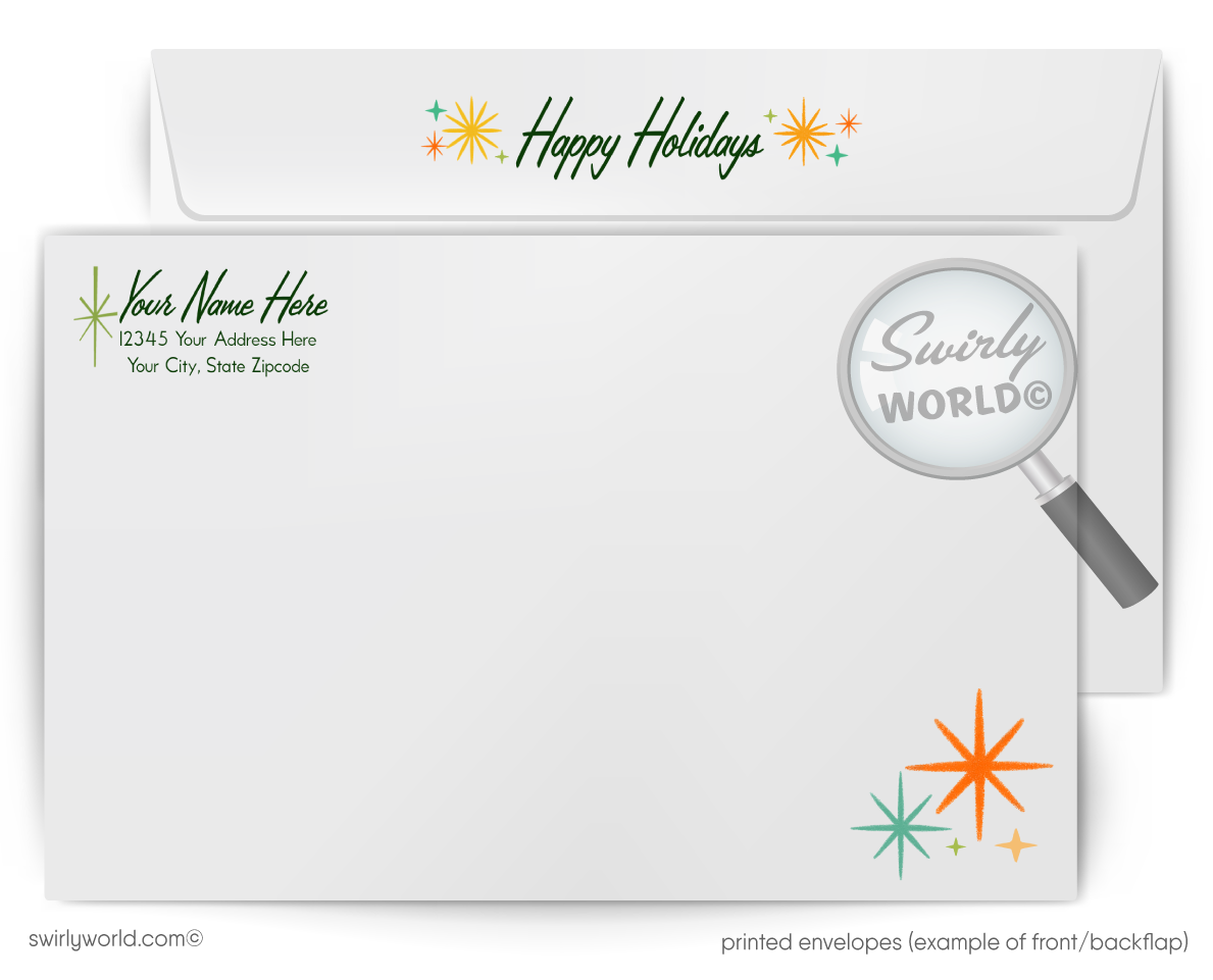 Printed envelope with 'Happy Holidays' text and Swirly World logo.