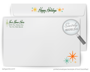 Printed envelope with 'Happy Holidays' text and Swirly World logo.