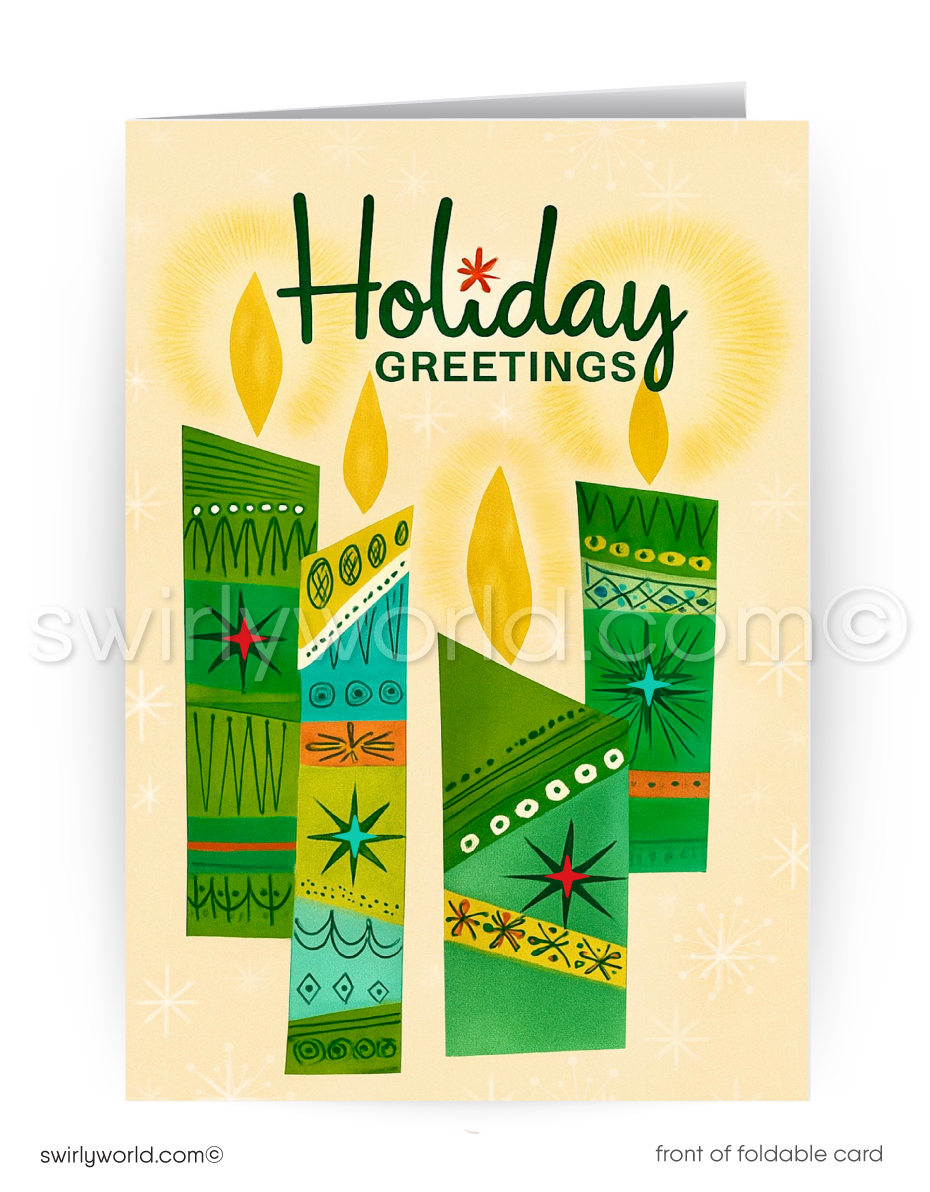 Greeting card with decorative candles and 'Holiday Greetings' text on a beige background