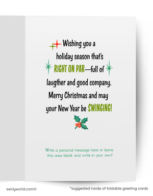 Holiday greeting card with festive text and decorative elements on a white background