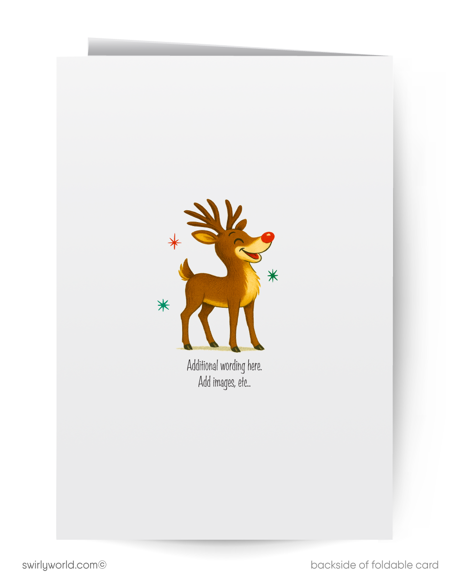 Greeting card with a reindeer illustration on a white background