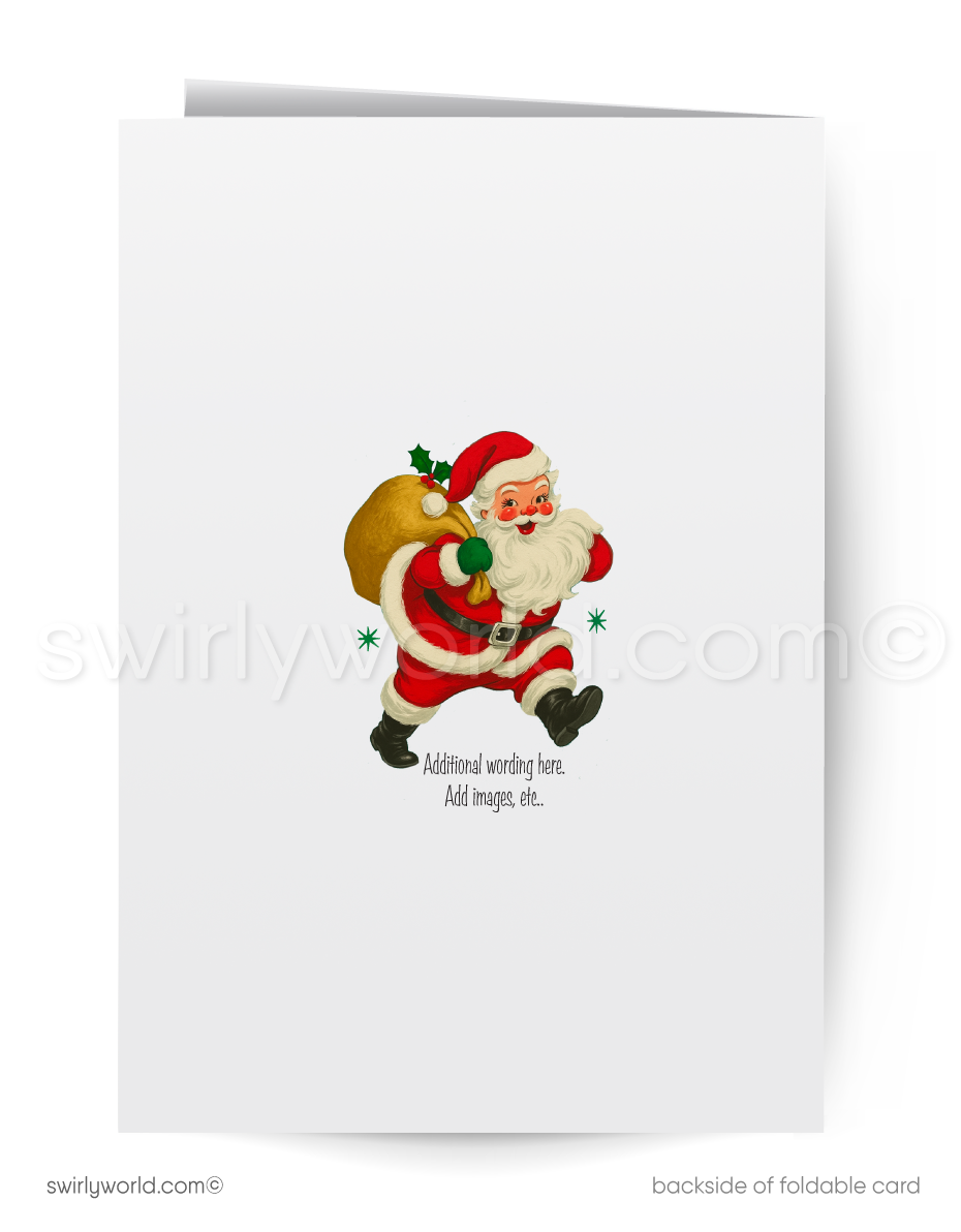 Backside of a foldable card with Santa Claus illustration and text space.