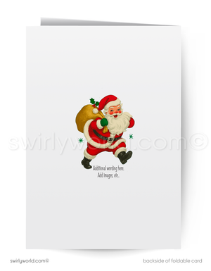 Backside of a foldable card with Santa Claus illustration and text space.