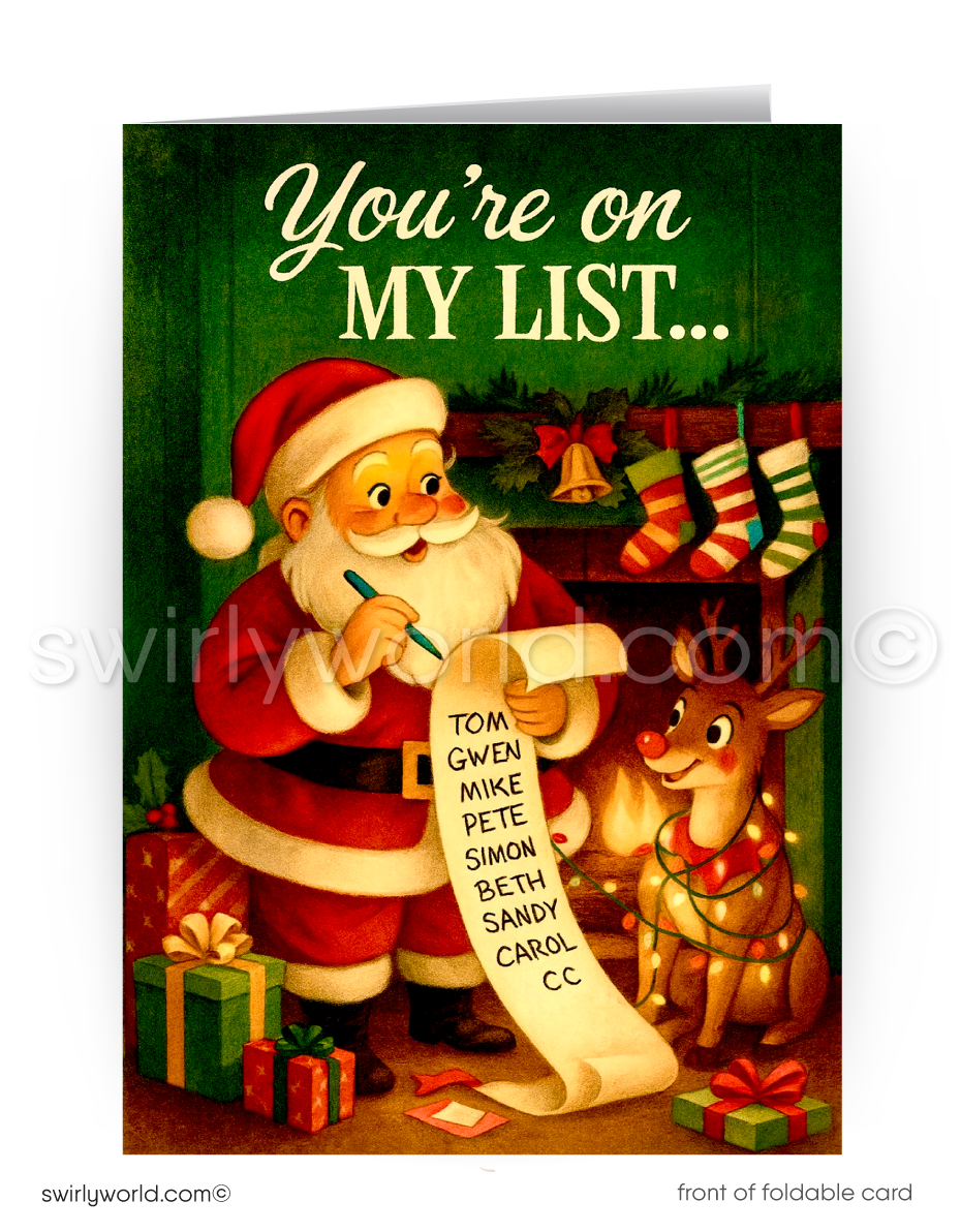 Vintage-style Christmas card with Santa Claus and reindeer, featuring text 'You're on my list'.