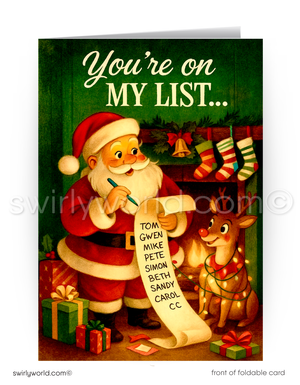 Vintage-style Christmas card with Santa Claus and reindeer, featuring text 'You're on my list'.