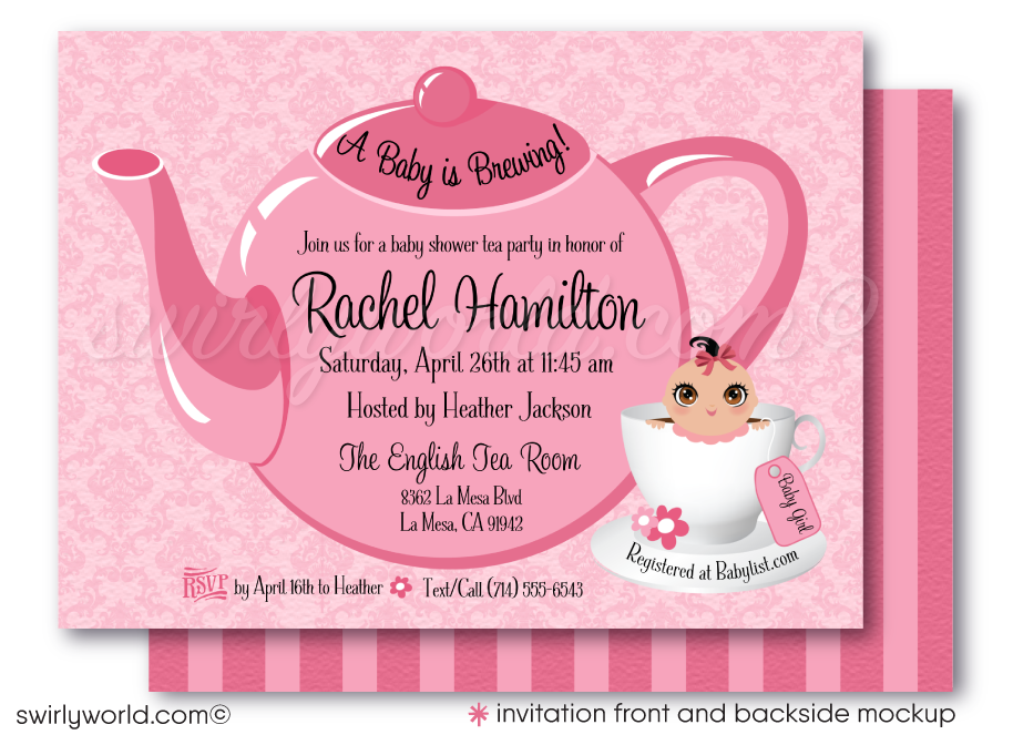 This delightful Baby Shower Tea Party digital invitation design features a tickled pink theme ideal for hosting a beautiful tea party celebration. Welcome your baby girl to the world with these precious pink tea party digital invites and thank you cards.