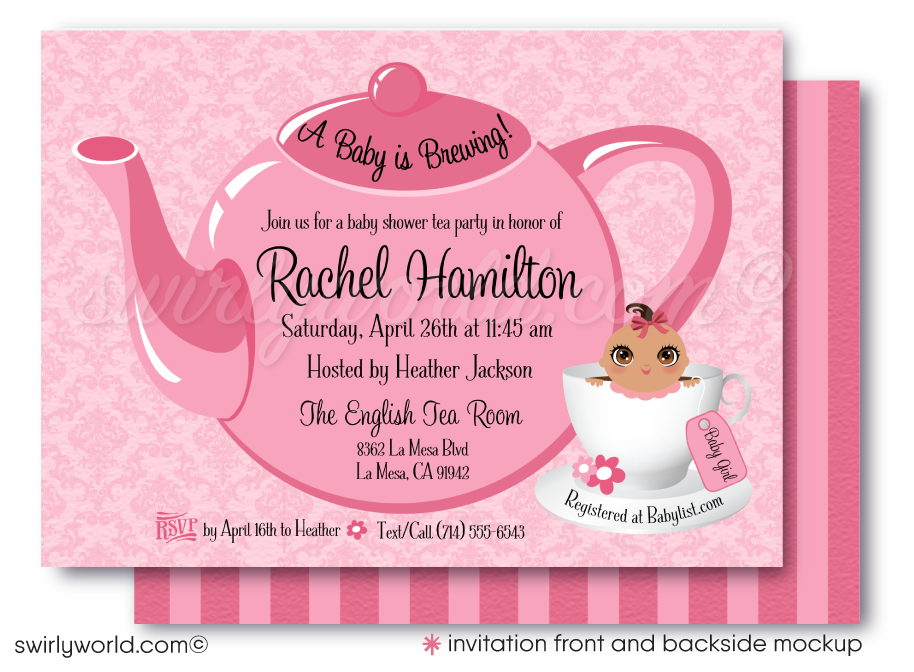 This delightful Baby Shower Tea Party digital invitation design features a tickled pink theme ideal for hosting a beautiful tea party celebration. Welcome your baby girl to the world with these precious pink tea party digital invites and thank you cards.