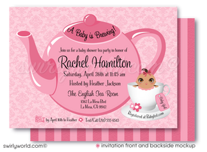 This delightful Baby Shower Tea Party digital invitation design features a tickled pink theme ideal for hosting a beautiful tea party celebration. Welcome your baby girl to the world with these precious pink tea party digital invites and thank you cards.