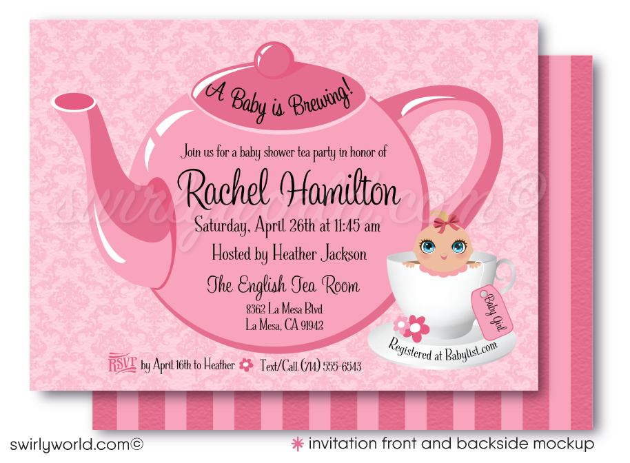 Tickled Pink "It's a Girl" Tea Party Printed Baby Shower Invitations & Envelopes