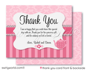 This delightful Baby Shower Tea Party digital invitation design features a tickled pink theme ideal for hosting a beautiful tea party celebration. Welcome your baby girl to the world with these precious pink tea party digital invites and thank you cards.