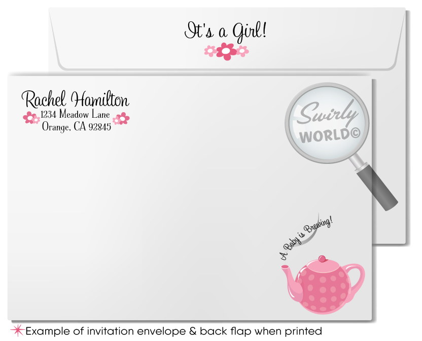 This delightful Baby Shower Tea Party digital invitation design features a tickled pink theme ideal for hosting a beautiful tea party celebration. Welcome your baby girl to the world with these precious pink tea party digital invites and thank you cards.