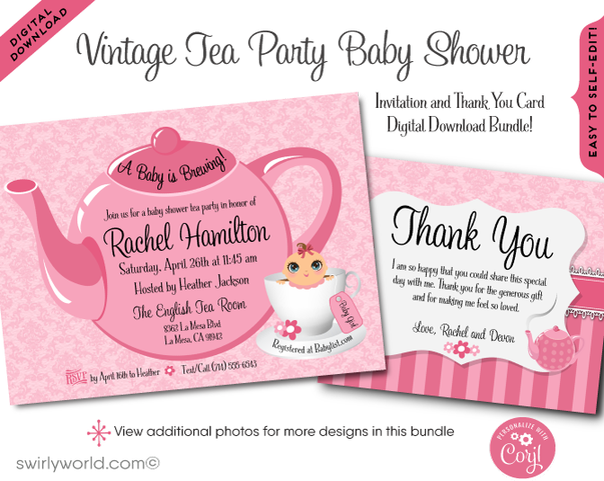 This delightful Baby Shower Tea Party digital invitation design features a tickled pink theme ideal for hosting a beautiful tea party celebration. Welcome your baby girl to the world with these precious pink tea party digital invites and thank you cards.