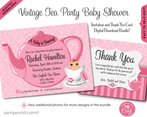 This delightful Baby Shower Tea Party digital invitation design features a tickled pink theme ideal for hosting a beautiful tea party celebration. Welcome your baby girl to the world with these precious pink tea party digital invites and thank you cards.