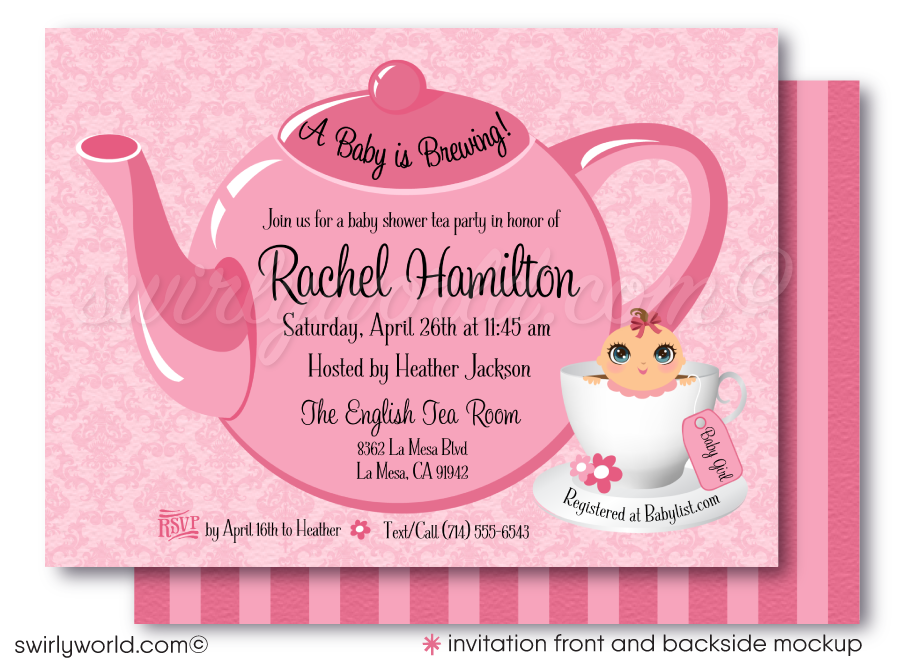 This delightful Baby Shower Tea Party digital invitation design features a tickled pink theme ideal for hosting a beautiful tea party celebration. Welcome your baby girl to the world with these precious pink tea party digital invites and thank you cards.