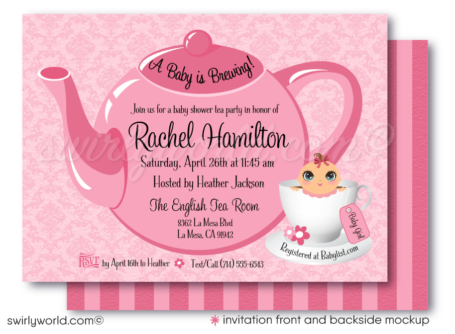 Tickled Pink "It's a Girl" Tea Party Printed Baby Shower Invitations & Envelopes 