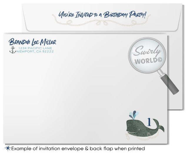 Vintage nautical under the sea whale themed aquarium 1st birthday invitations for boys or girls; printed invitation and envelope design.