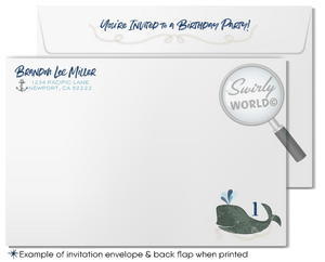 Vintage nautical under the sea whale themed aquarium 1st birthday invitations for boys or girls; printed invitation and envelope design.