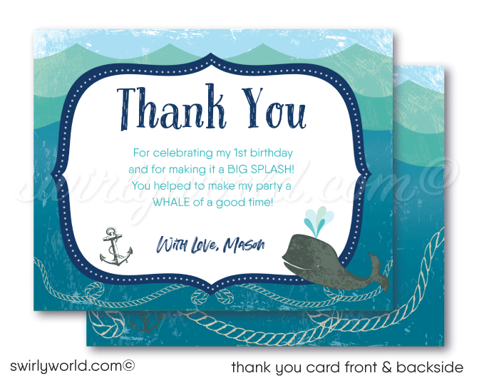 Vintage nautical under the sea whale themed aquarium 1st birthday invitations for boys or girls; printed thank you cards and envelope design.