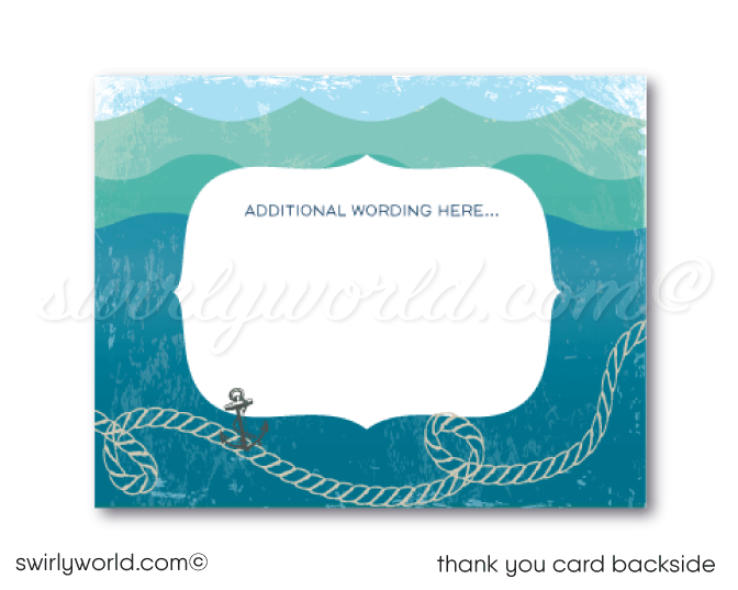 Vintage nautical under the sea whale themed aquarium 1st birthday invitations for boys or girls; printed thank you cards and envelope design.