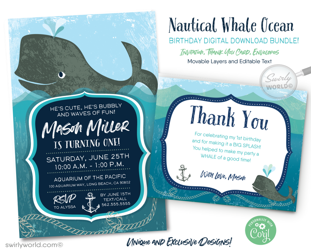 Baby Whale Nautical Under the Sea Aquarium 1st Birthday Invitation Digital Download