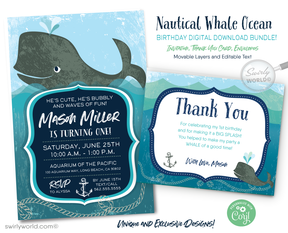 Baby Whale Nautical Under the Sea Aquarium 1st Birthday Invitation Digital Download