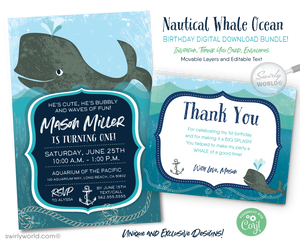 Baby Whale Nautical Under the Sea Aquarium 1st Birthday Invitation Digital Download