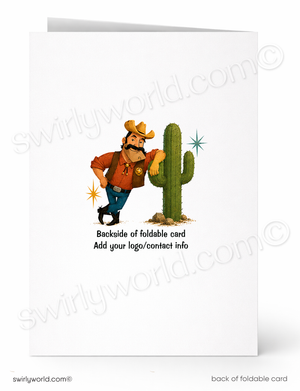 Foldable greeting card shown front and back on a white background. The front features a cowboy leaning on a green cactus with small decorative stars and text below.