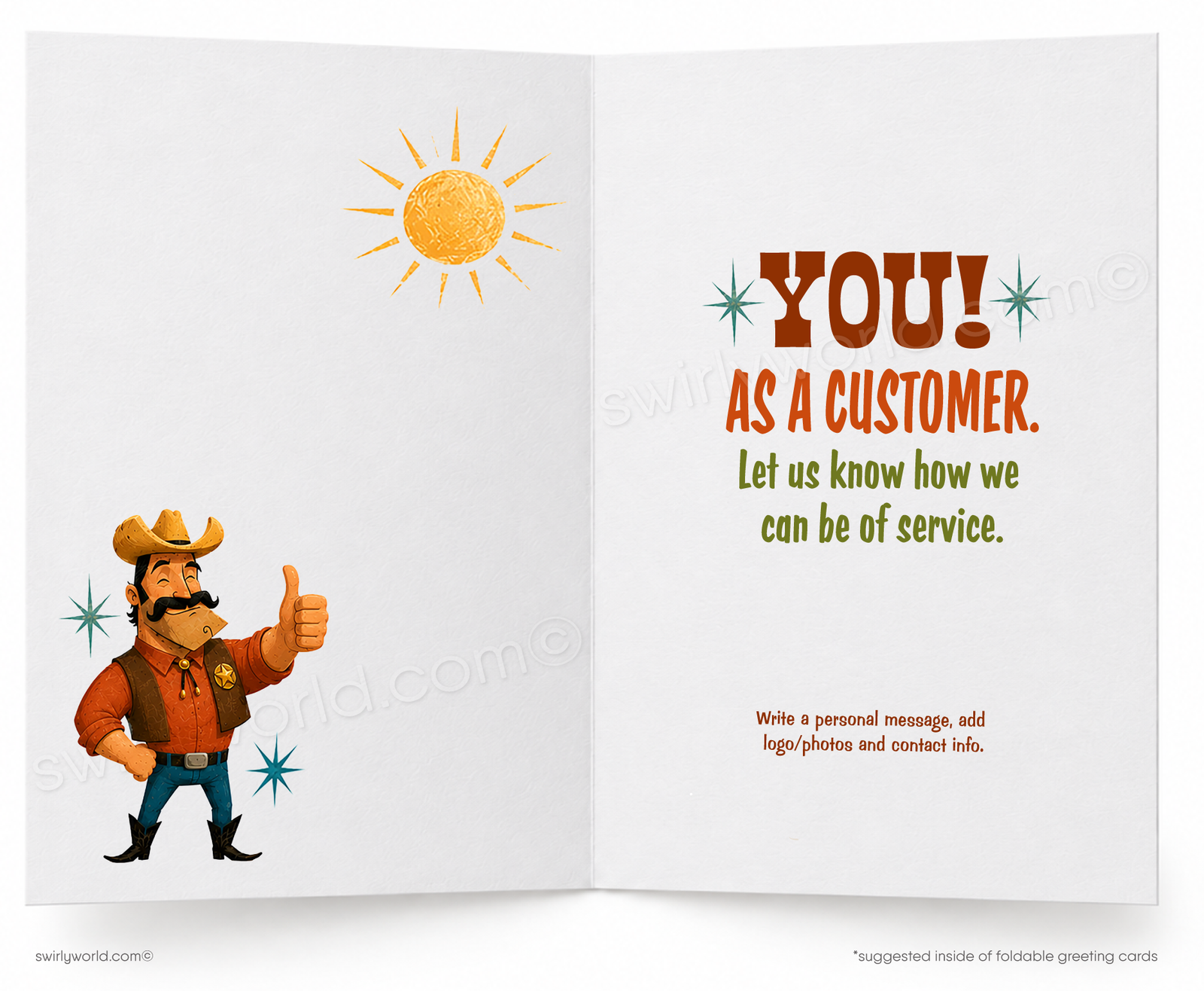 A folded card featuring a retro western 'WANTED' poster design, shown standing upright on a white background. The illustration includes a cowboy holding a wanted poster next to a cactus and jailhouse.