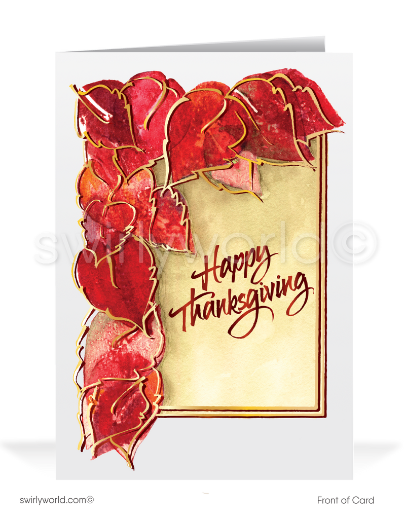 Traditional Watercolor Fall Autumn Leaves Business Professional Happy Thanksgiving Cards for Customers
