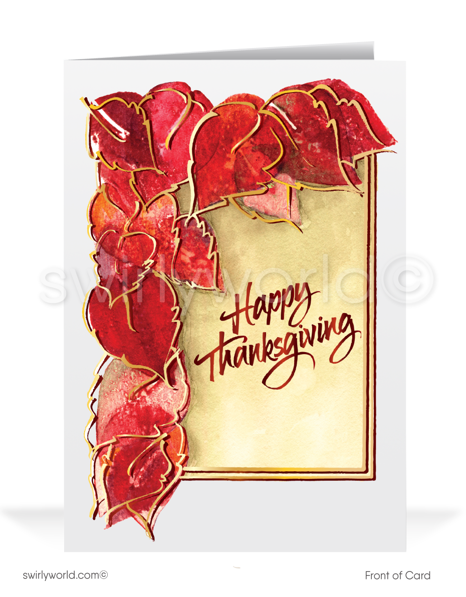 Traditional Watercolor Fall Autumn Leaves Business Professional Happy Thanksgiving Cards for Customers