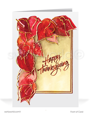 Traditional Watercolor Fall Autumn Leaves Business Professional Happy Thanksgiving Cards for Customers