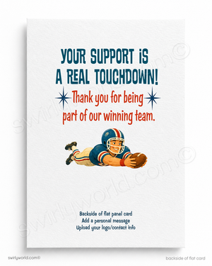 Card with football player graphic and text 'Your support is a real touchdown! Thank you for being part of our winning team.'