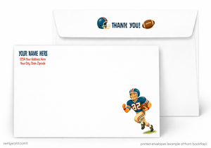Football-themed thank you card with player illustration and customizable text area.