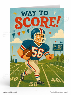 Vintage-style greeting card with a football player and 'Way to Score!' text on a sports field background.