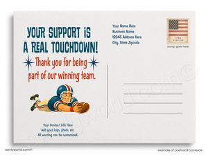 Postcard with football player design and text thanking supporters for being part of a winning team.