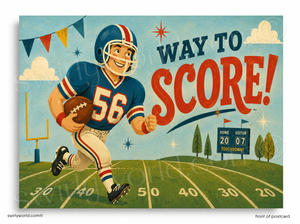 Vintage-style football poster with a player and 'Way to Score!' text on a sports field background.