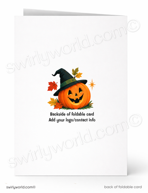 A foldable greeting card shown front and back on a white background. The front features a cartoon jack-o'-lantern wearing a black witch hat with orange and green leaves, plus placeholder text reading 'Backside of foldable card' and 'Add your logo/contact info.