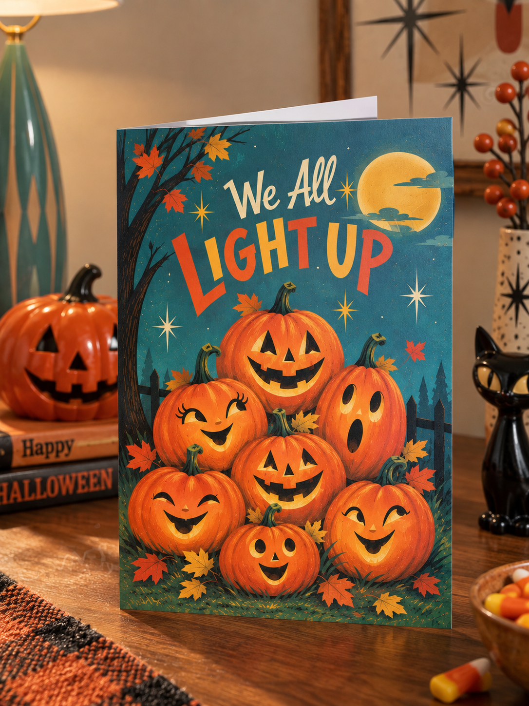 A folded Halloween greeting card shown upright on a white background. The card features a colorful illustration of seven glowing jack-o'-lantern pumpkins, autumn leaves, a tree, stars, and a full moon with the phrase 'We All Light Up' in large orange letters.