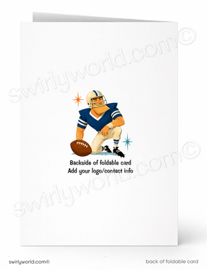 A white foldable greeting card shown front and back. The front features a cartoon football player in a blue and white uniform holding a brown football, with placeholder text below.