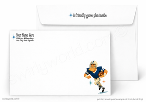 Custom printed football-themed envelopes shown on a white background, with one envelope open behind the other. The front envelope features a cartoon football player illustration and placeholder text for a name and address, while the back envelope reads 'A friendly game plan inside'.