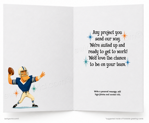 An open greeting card with a white background. The left panel shows a cartoon football player in a blue and white uniform holding a football, while the right panel contains printed text that reads, 'Any project you send our way.
