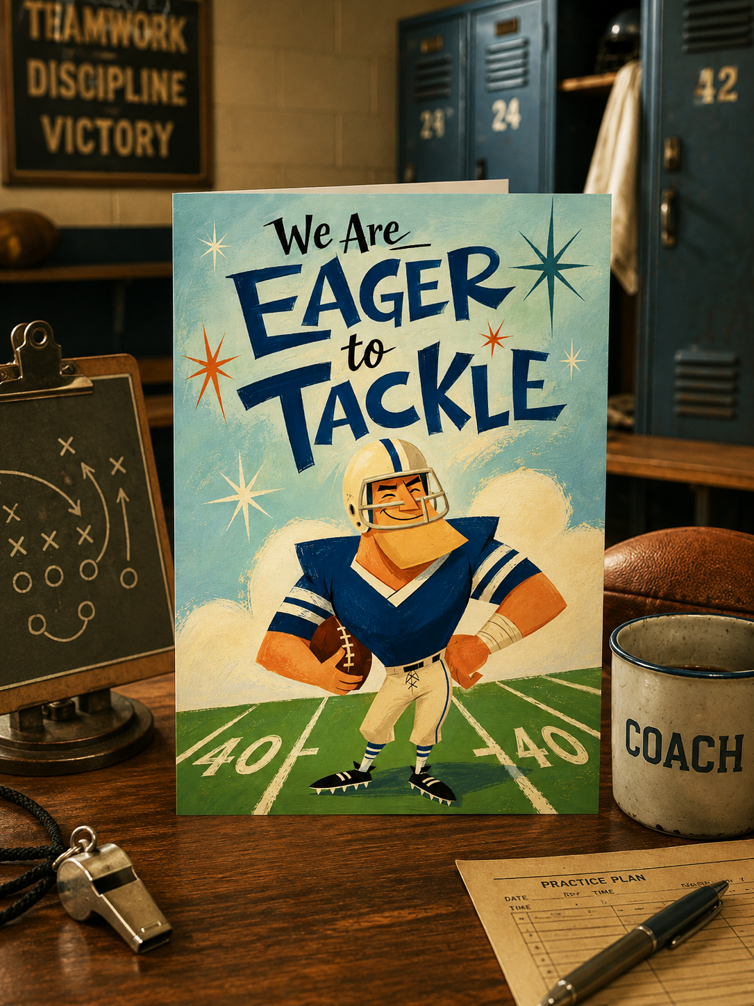 A folded greeting card shown upright on a white background. The card features a retro-style illustration of a football player holding a ball, with the text 'We Are Eager to Tackle' in large blue lettering against a light blue sky and green field background.
