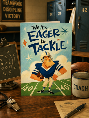 A football-themed greeting card reading 'We Are Eager to Tackle' is displayed on a wooden desk in a locker room setting, surrounded by a whistle, chalkboard, mug, and practice plan.