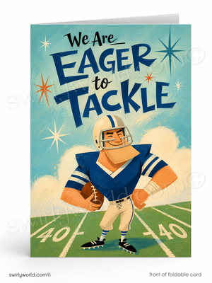 A folded greeting card shown upright on a white background. The card features a retro-style illustration of a football player holding a ball, with the text 'We Are Eager to Tackle' in large blue lettering against a light blue sky and green field background.