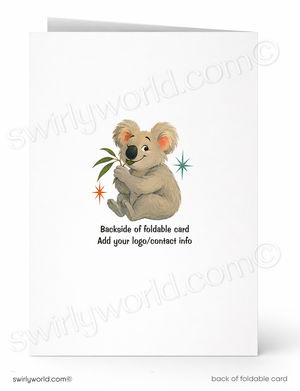 Foldable greeting card shown front and back on a white background. The front features an illustration of a koala holding a eucalyptus branch with small star accents, and the back text reads 'Backside of foldable card Add your logo/contact info'.