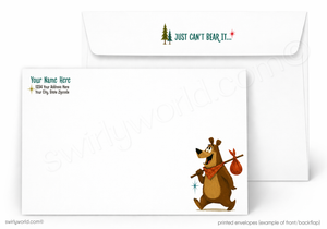 A white printed envelope set shown on a light gray background. The front envelope features a cartoon brown bear holding a sack on a staff, with small text in the lower right.