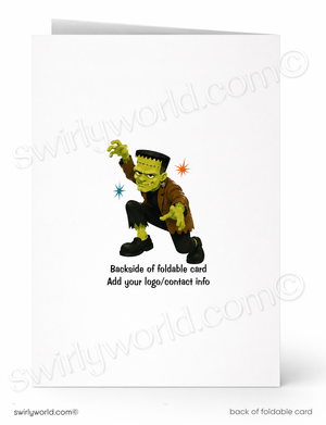 A white foldable greeting card shown front and back on a light gray background. The front features a cartoon Frankenstein character, while the back has placeholder text reading 'Backside of foldable card' and 'Add your logo/contact info'.